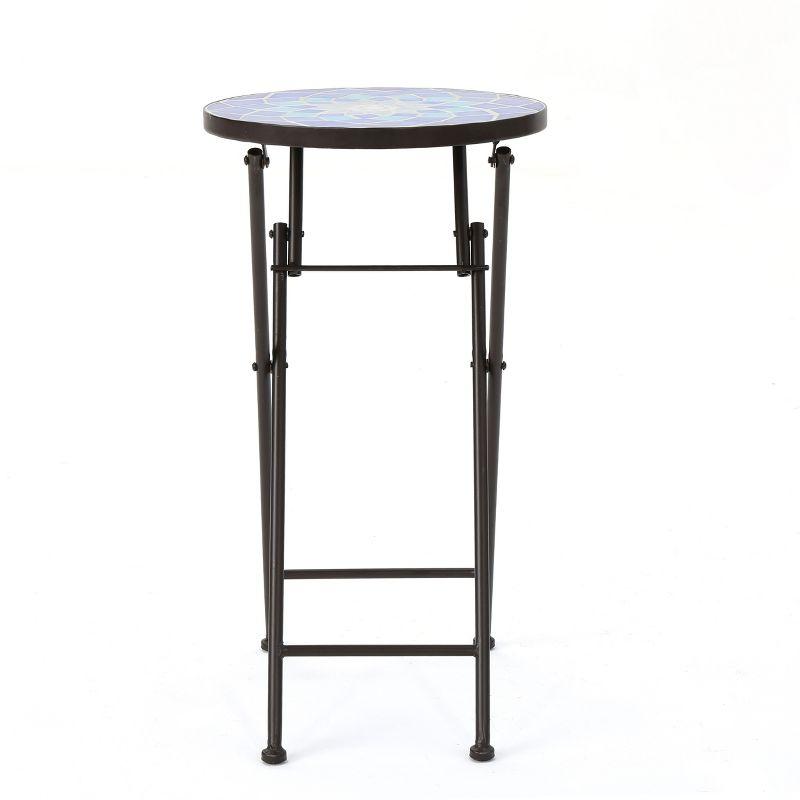Fleur De Lis Living Folding Blue and White Top Side Table with Iron Frame, Multifunctional Plant or Beverage Stand