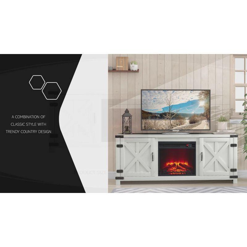 White Farmhouse TV Stand with Electric Fireplace and Cabinets