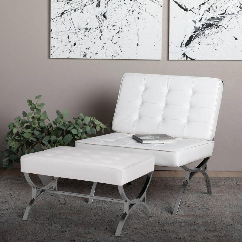 studio designs Newel Modern Square Ottoman Blended Leather and Chrome Metal Frame Chrome/Black: 18" High, Rectangular, Steel Base
