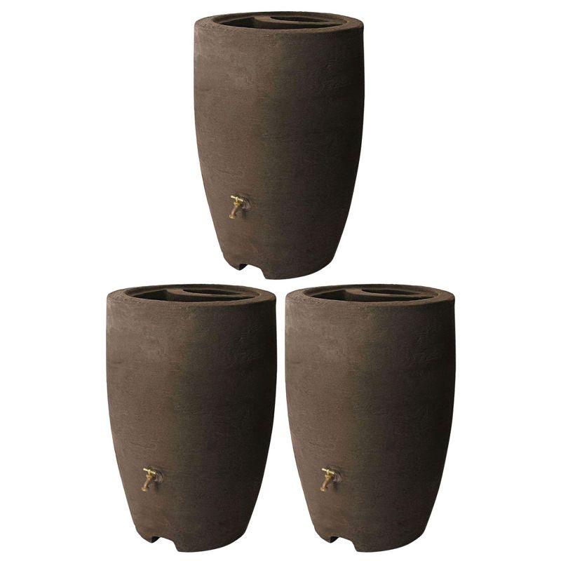 Algreen Athena 50 Gallon Plastic Outdoor Rain Barrel with Brass Spigot and Screen Guard for Rain Water Collection and Storage, Brownstone (3 Pack)