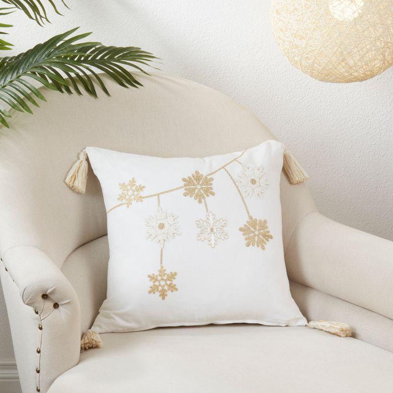 Saro Lifestyle Holiday Cheer Snowflakes Down Filled Throw Pillow with Tassels, 18", Gold