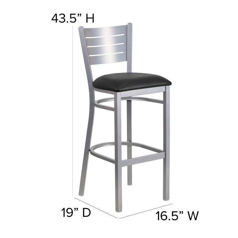 Sleek Silver Slat-Back Barstool with Black Vinyl Seat