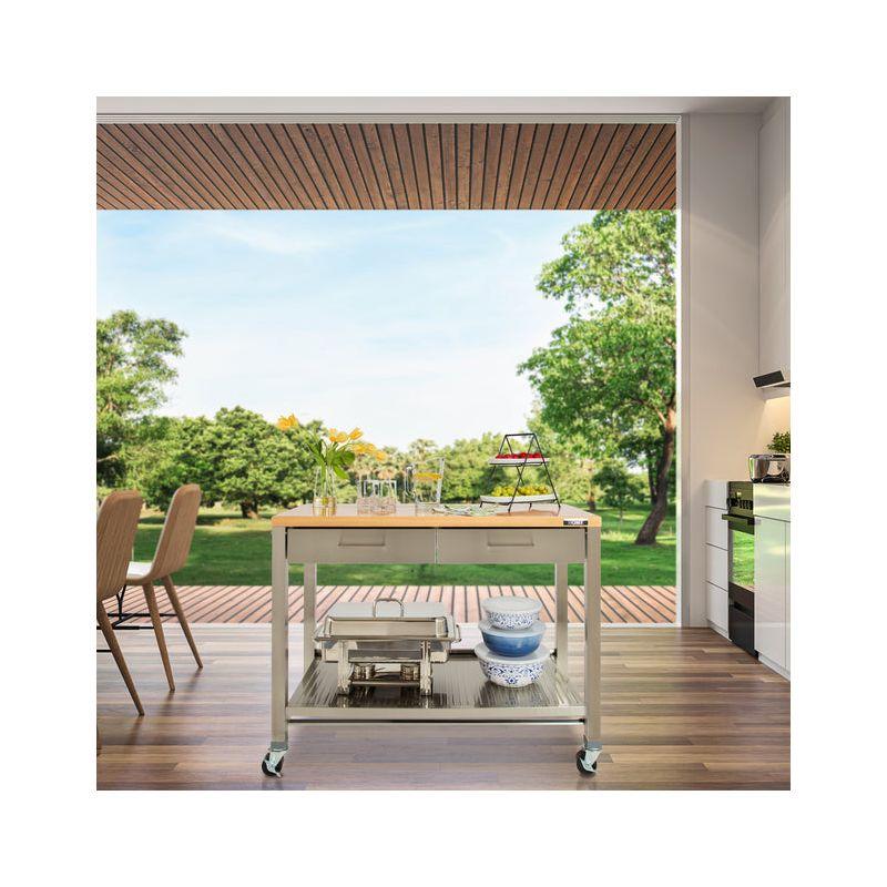 48'' Wide Stainless Steel Kitchen Rolling Cart Island with Solid Wood Top