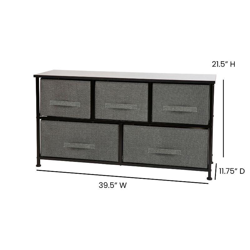 Flash Furniture 5 Drawer Wood Top Black Cast Iron Frame Vertical Storage Dresser with Dark Gray Easy Pull Fabric Drawers