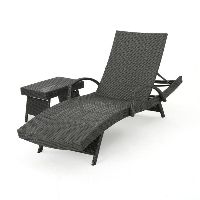 Gray Wicker 2-Piece Adjustable Chaise Lounge Set with Side Table