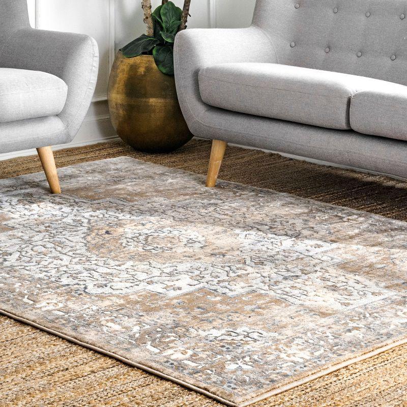 Beige and Gray Medallion Synthetic 4' x 6' Area Rug