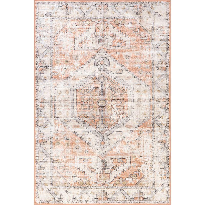 Nuloom Transitional Medallion Medallion 4x6 Machine Washable Indoor Area Rug for Living Room Bedroom Dining Room Kitchen, Ivory/Peach