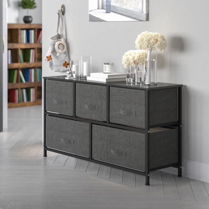 Flash Furniture 5 Drawer Wood Top Black Cast Iron Frame Vertical Storage Dresser with Dark Gray Easy Pull Fabric Drawers