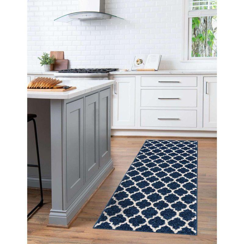 Dark Blue Synthetic Trellis Reversible Runner Rug