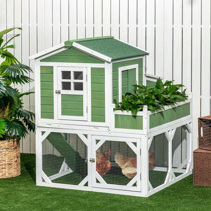 Green and White Wooden Chicken Coop with Planter Box