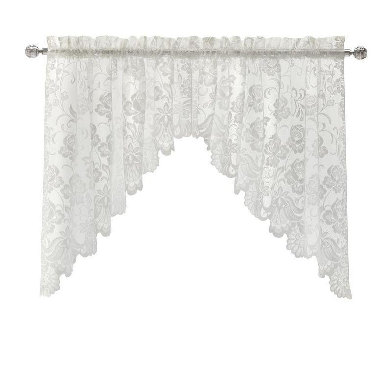 Habitat Limoges Sheer Rod Pocket Delicate Scalloped Bottom Hem Floral Lace Design Swag Valance Set 72" x 32" White