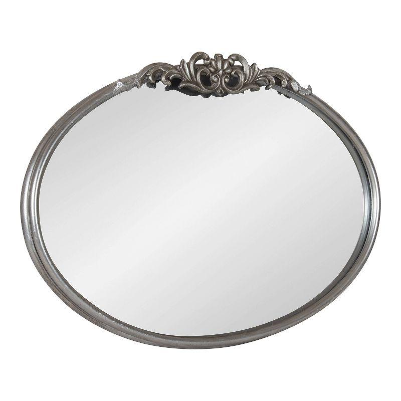 Oval Silver Wood Vanity Mirror with Intricate Metal Crown