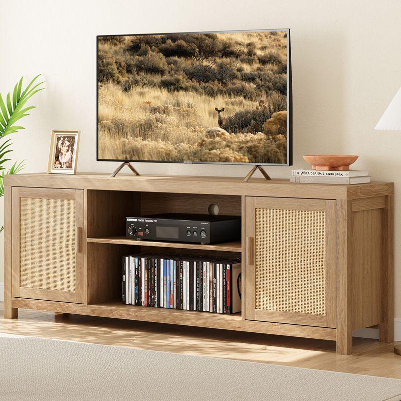 Whizmax Rattan TV Stand for 75 Inch, Boho Entertainment Center with 2-Tier Storage, Wooden Media Console Cabinet for Living Room Bedroom Natural Oak
