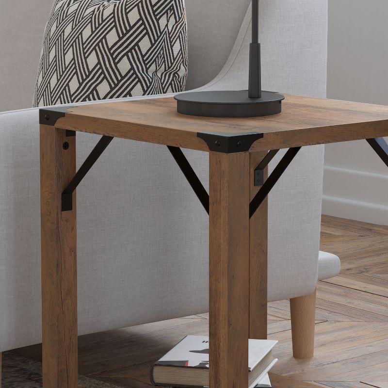 Flash Furniture Wyatt Modern Farmhouse Wooden 2 Tier End Table with Metal Corner Accents and Cross Bracing