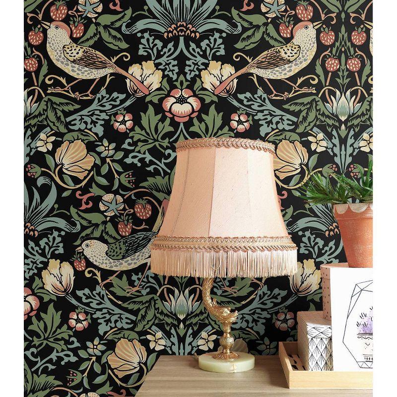 NextWall Aves Garden Peel and Stick Wallpaper Black: Whimsical Vintage Bird & Floral Design, Repositionable, Washable