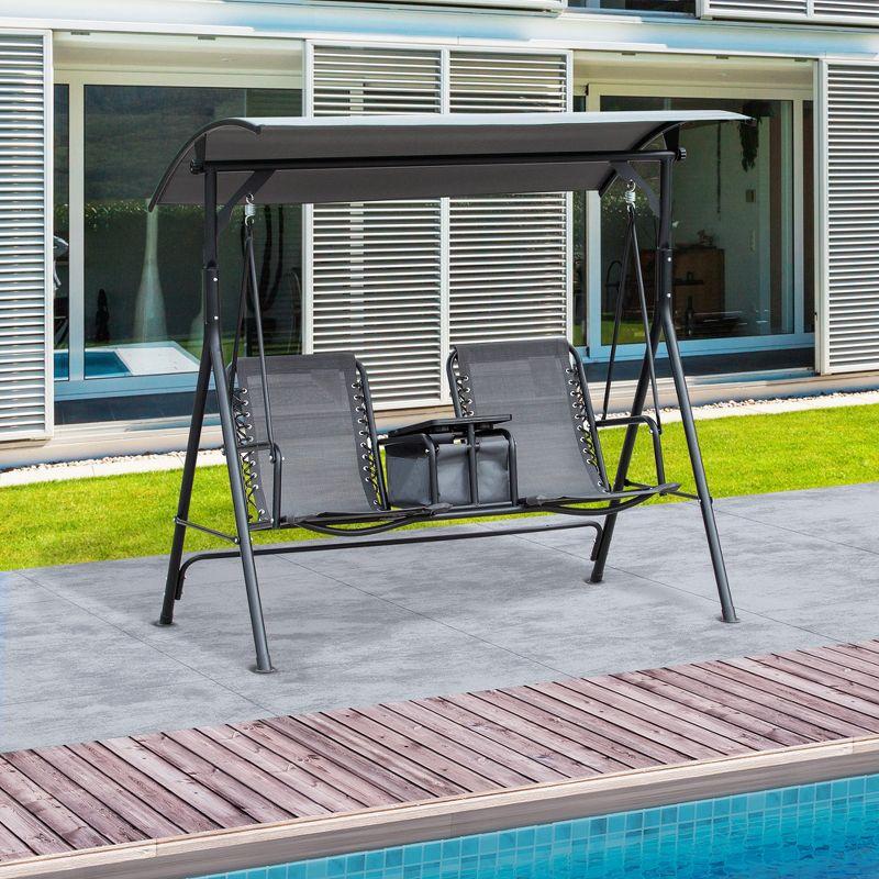 Outsunny 2 Person Porch Swing with Canopy, Covered Patio Swing with Pivot Storage Table, Cup Holder, & Adjustable Overhead Canopy, Gray