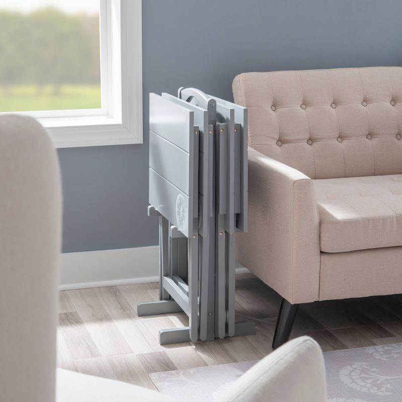 Linon 4pc 26.4" Compass Finish Plank Tray Tables with Storage Rack Dark Gray