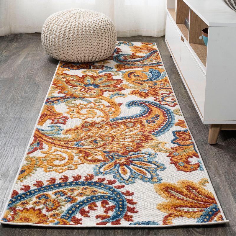 Paisley High-Low Orange and Multicolor Synthetic Runner Rug