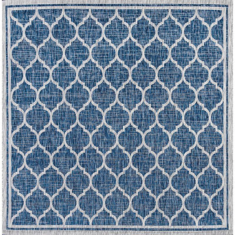 5' Square Trebol Moroccan Trellis Textured Weave Indoor/Outdoor Area Rug, Navy/Gray - JONATHAN Y