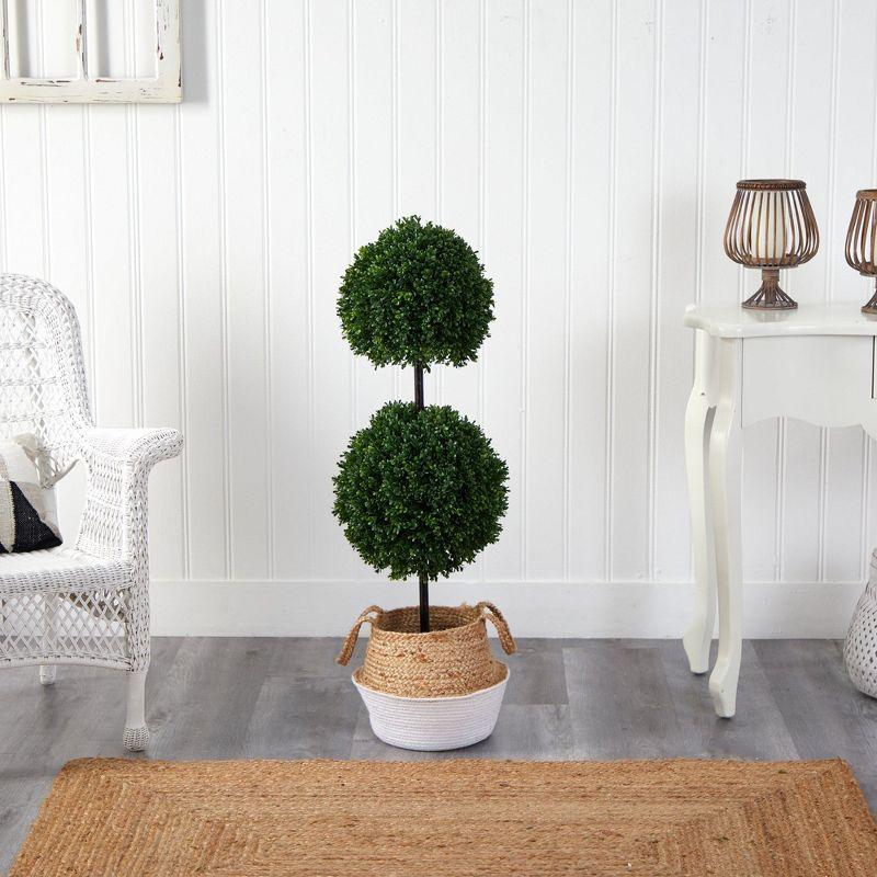 Nearly Natural 3.5-ft Boxwood Double Ball Topiary Tree in Boho Chic Handmade Cotton & Jute Planter UV Resistant