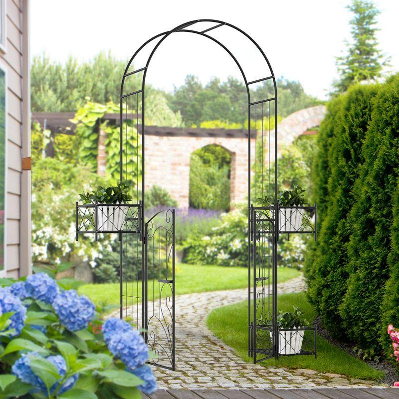 Outsunny 7' Metal Garden Arbor, Garden Arch with Gate, Scrollwork Hearts, Latching Doors, Planter Boxes for Climbing Vines, Ceremony, Weddings, Black