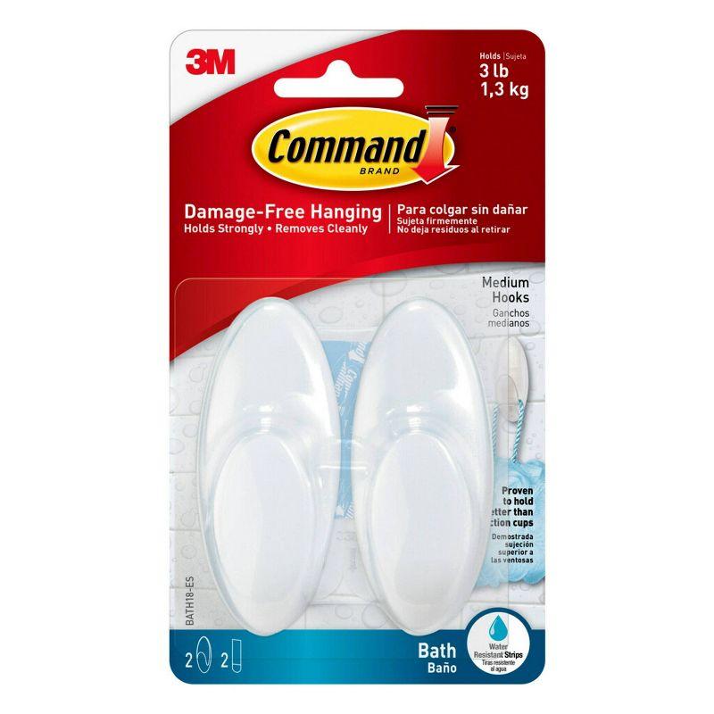 Command 2 Hooks 2 Strips Medium Sized Bath Hooks Frosted: Plastic Adhesive, 3 lb Capacity, Shower Command Hooks