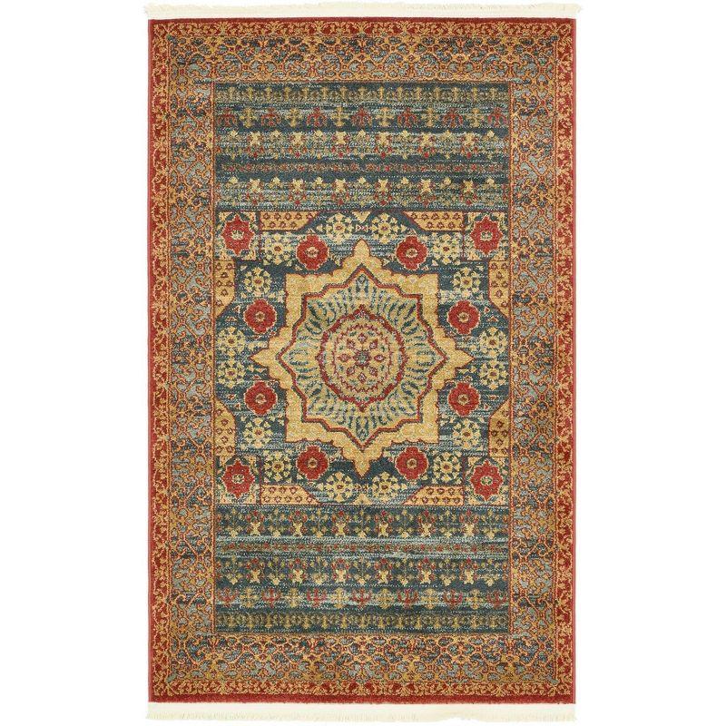 Navy Blue and Rust Red Rectangular Synthetic Area Rug