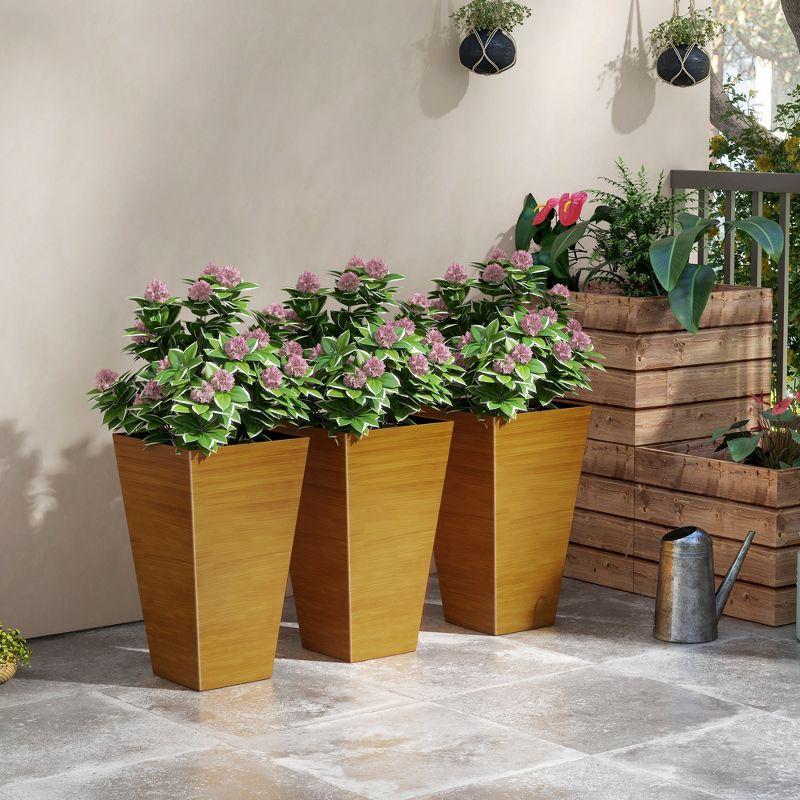 Outsunny 28" Tall Outdoor Planters, Set of 3 Large Taper Planters with Drainage Holes and Plug, Faux Wood Plastic Flower Pots, Light Brown