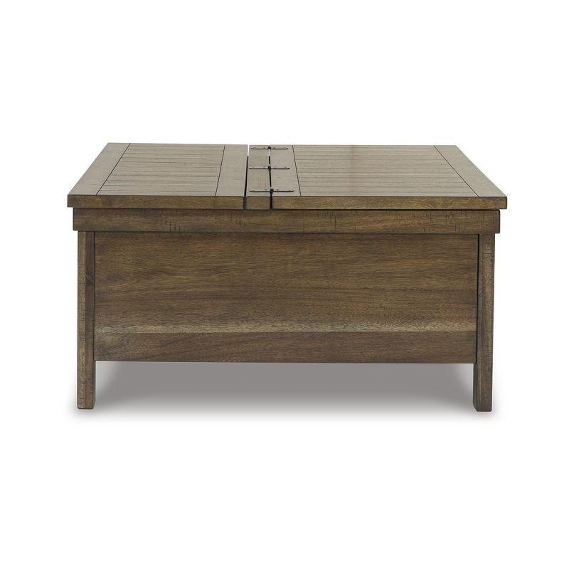 Signature Design by Ashley Moriville Rustic Hinged and Lift Top Cocktail Table with Hidden Storage, Light Brown