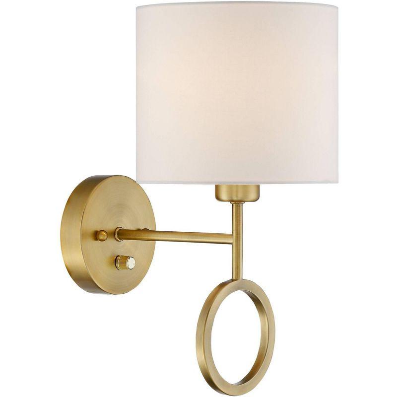 360 Lighting Amidon Modern Wall Lamp Warm Brass Metal Plug-in 8" Light Fixture White Fabric Drum Shade for Bedroom Reading Living Room House Home