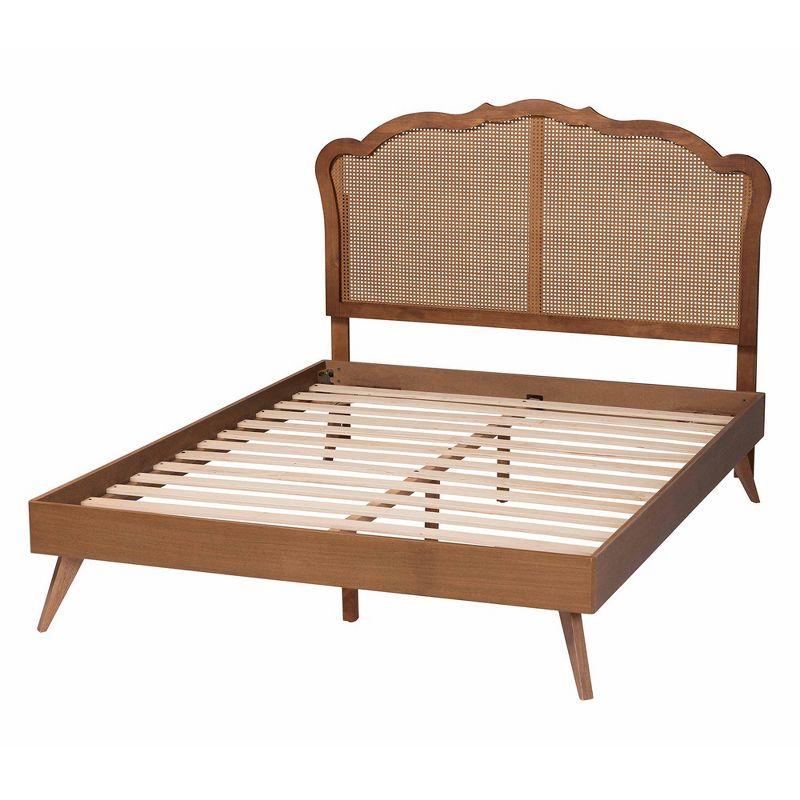 Baxton Studio King Aithan Wood and Rattan Platform Bed Walnut Brown
