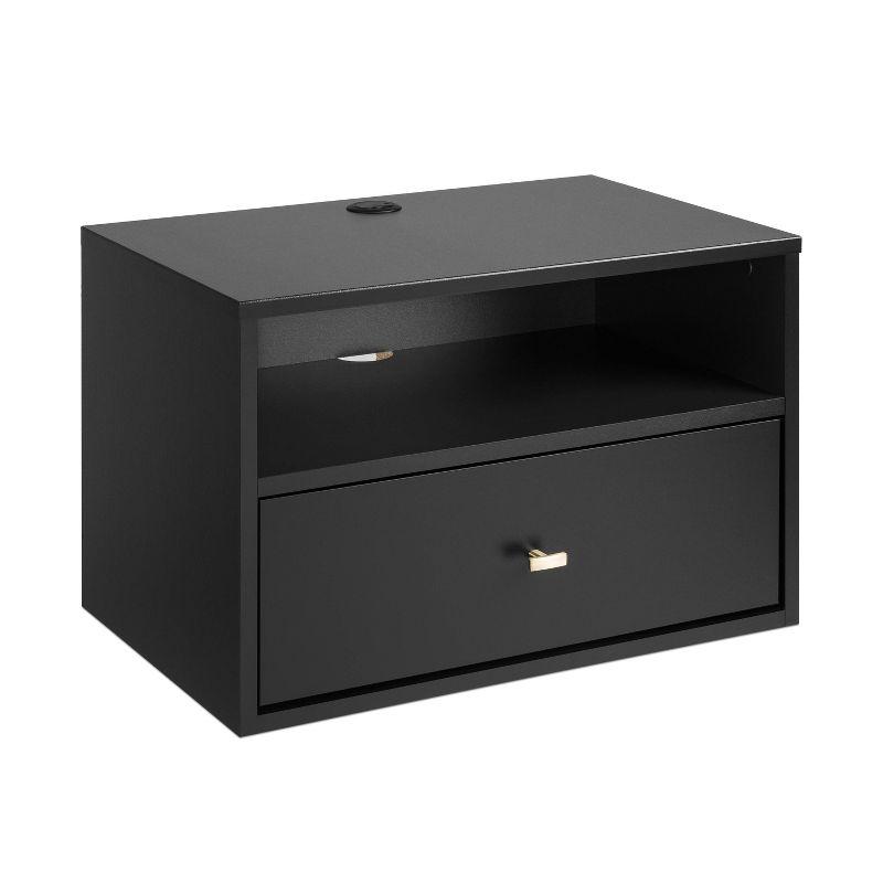 Floating 1 Drawer Nightstand with Open Shelf Black - Prepac: Modern Wall-Mounted Design, Cable Management, Laminated Surface