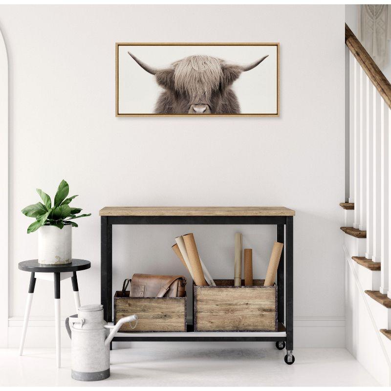Kate and Laurel Sylvie Hey Dude Highland Cow Color Framed Canvas by The Creative Bunch Studio, 18x40, Natural