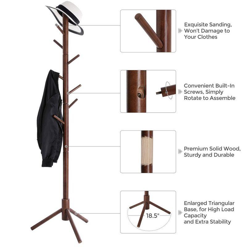 VASAGLE 8 Hooks Solid Wood Coat Rack Free Standing Coat Rack Tree-Shaped Coat Rack Dark Walnut