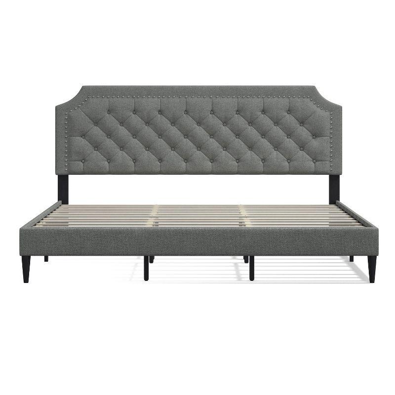 Glenwillow Home Curta Upholstered Platform Bed, Clipped Nailhead Trim with Button Tufting, Mattress Foundation, No Box Spring Needed, Stone, King