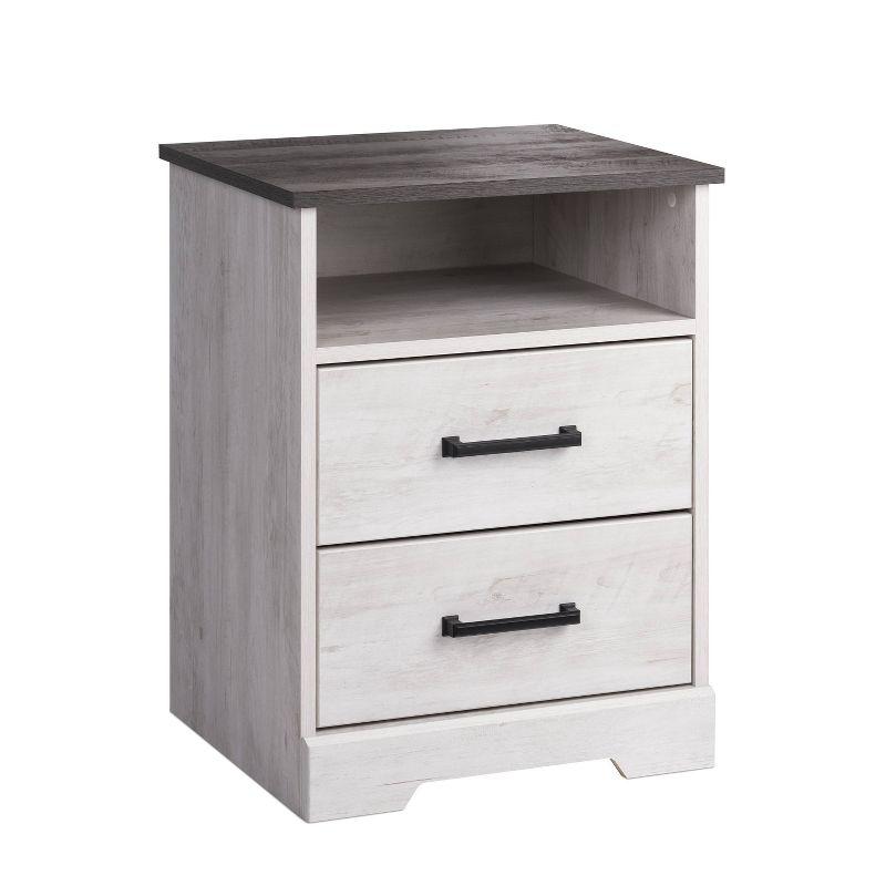 Prepac Rustic Ridge Farmhouse Nightstand with 2 Drawers and Open Cubby Washed White