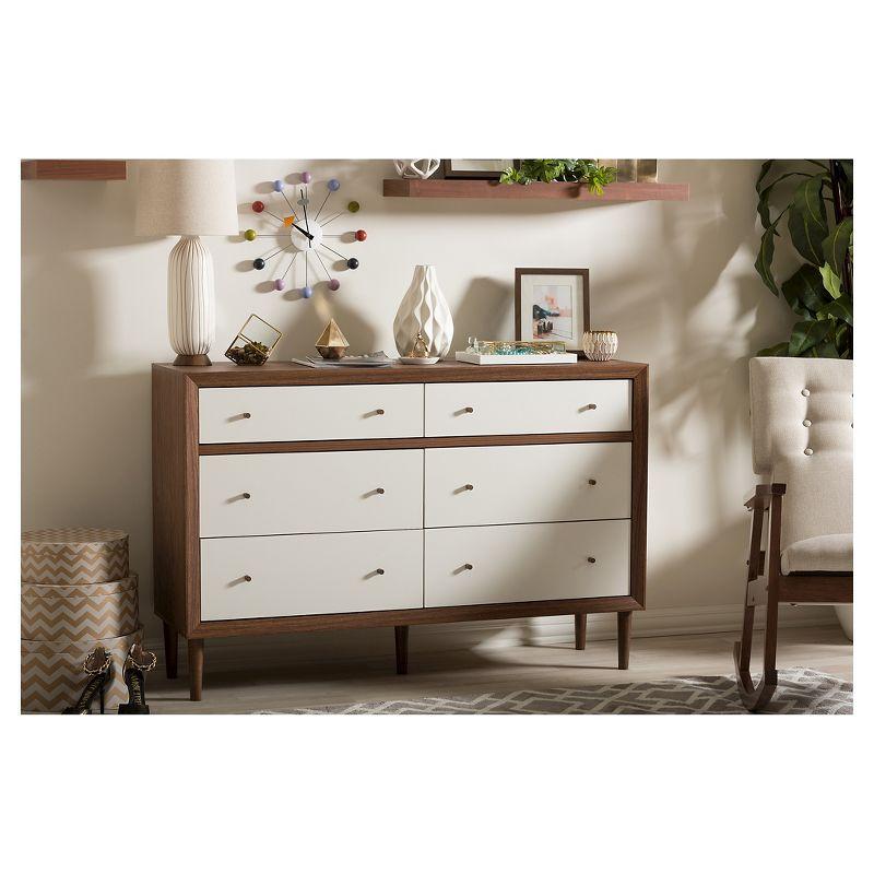 Harlow Mid-Century Modern Scandinavian Style Wood 6 Drawer Storage Dresser White/Walnut - Baxton Studio: Rubberwood Legs, Splayed Design