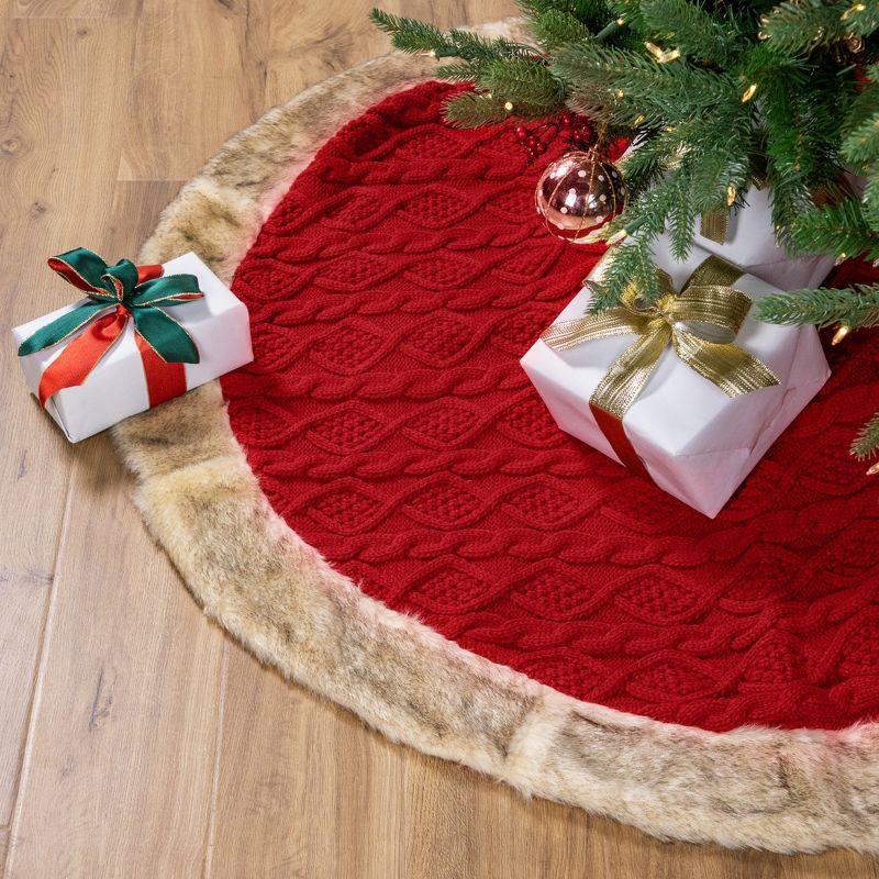 Northlight Seasonal Cable Knit Christmas Tree Skirt With Faux Fur Trim- 48" - Red