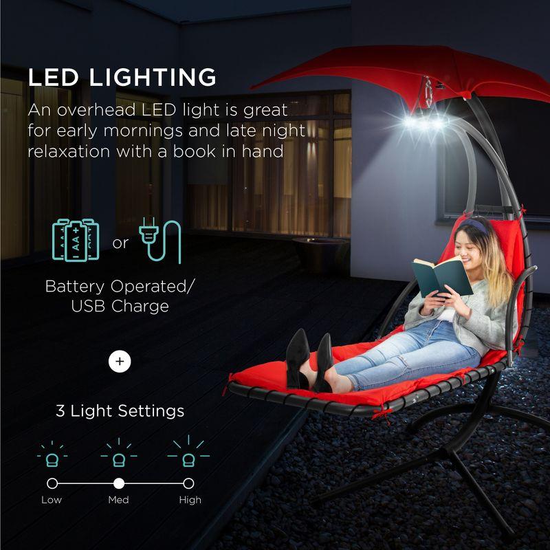Best Choice Products Hanging LED-Lit Curved Chaise Lounge Chair for Backyard, Patio w/ Pillow, Canopy, Stand - Red