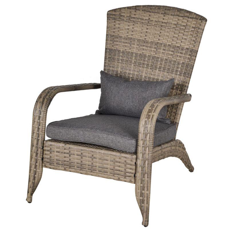 Outsunny Patio Adirondack Chair with All-Weather Rattan Wicker, Soft Cushions, Tall Curved Backrest for Deck or Garden, Light Gray