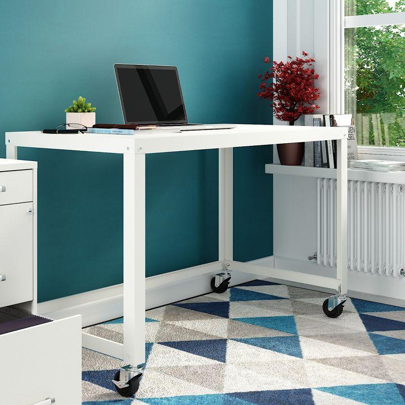 White Metal Standing Desk with Mobile Filing Cabinet