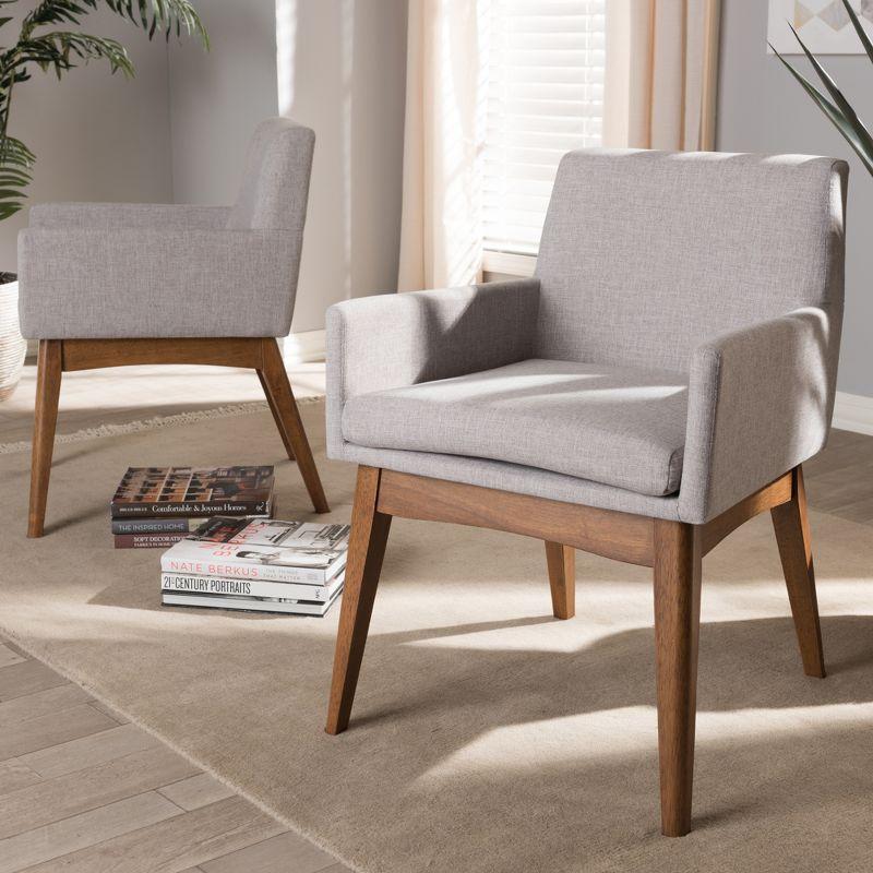 High-Back Greyish Beige Leather & Walnut Wood Upholstered Armchair