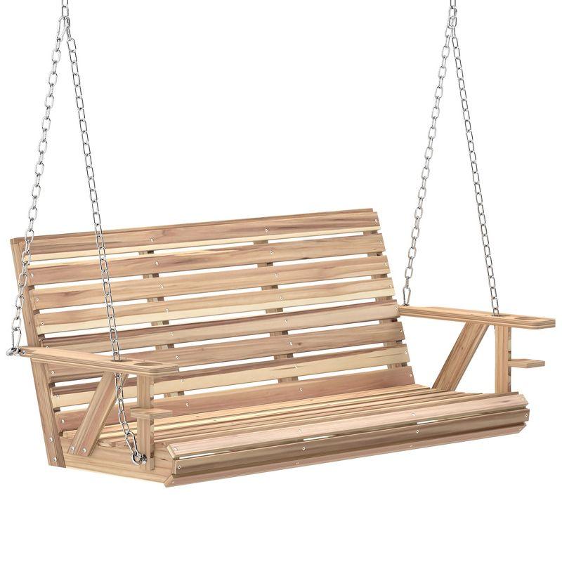 Outsunny Wooden Porch Swing 3-Seater, 5 FT Outdoor Patio Swing Bench with Cupholders, Nature Wood