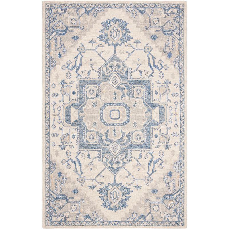 Ivory and Blue Hand-Tufted Wool Rectangular Rug, 5' x 8'