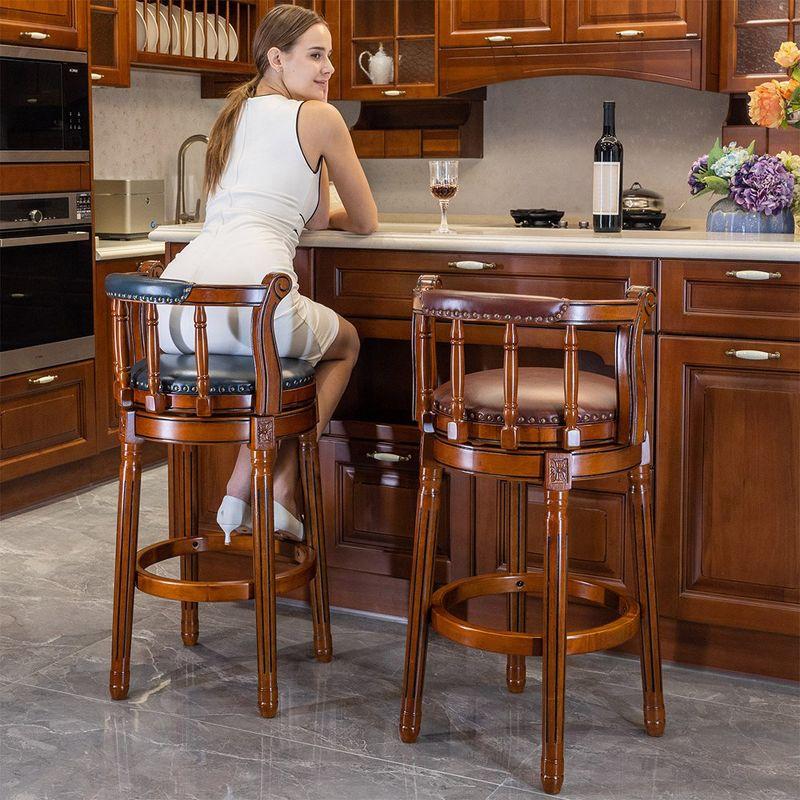 26"H Swivel Bar Stool With Wood Frame, Backrest, Cow Top Leather Seat Surface 360° Swivel Upholstered Kitchen Island Chairs