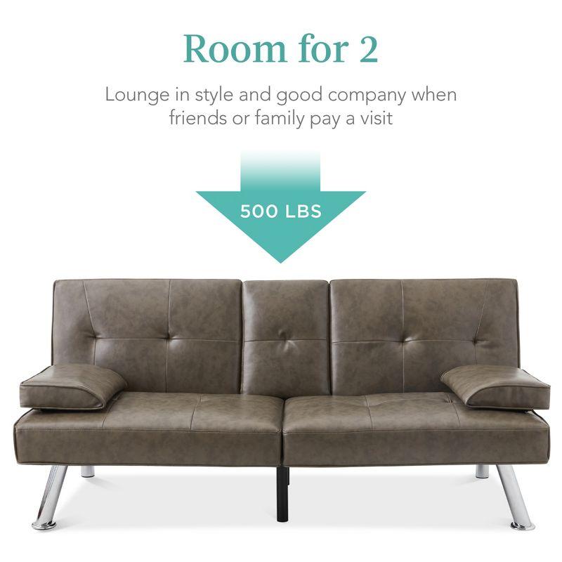 Best Choice Products Modern Faux Leather Convertible Futon Sofa w/ Removable Armrests, 2 Cupholders - Gray