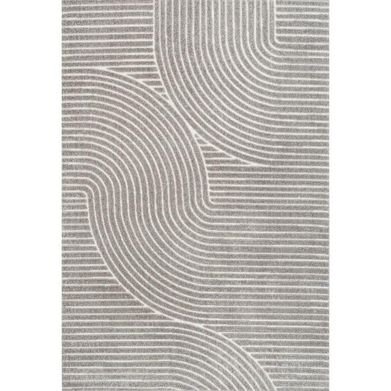 JONATHAN Y Skagen High-Low Minimalist Curve Geometric Gray/Ivory 4 ft. x 6 ft. Indoor/Outdoor Area Rug