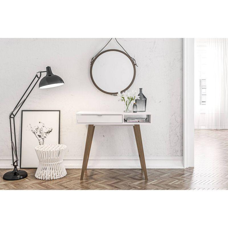 White Wood Writing Desk with Drawer and Open Shelf