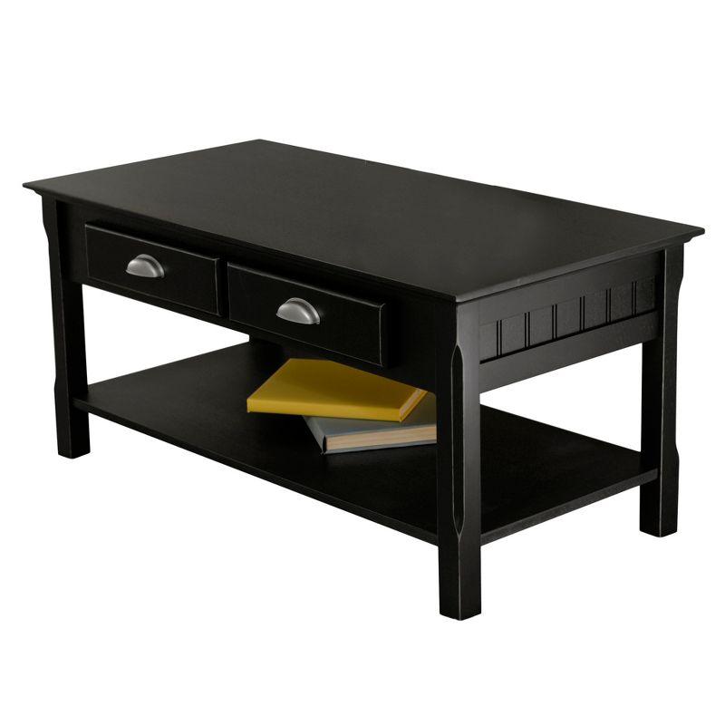 Timer Coffee Table, Drawers and Shelf - Black - Winsome: Solid Wood, Chrome Handle Accents