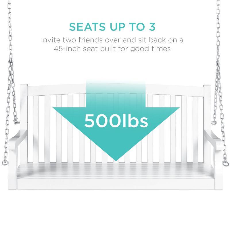 Best Choice Products 48in Wood Porch Swing Outdoor Patio Hanging Bench Chair w/ Mounting Chains, 500lb Capacity - White